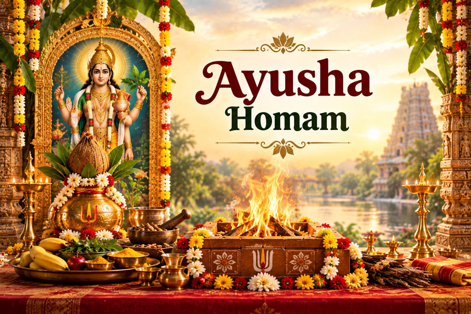 Ayushya Homam ceremony performed with traditional Vedic rituals for longevity and well-being