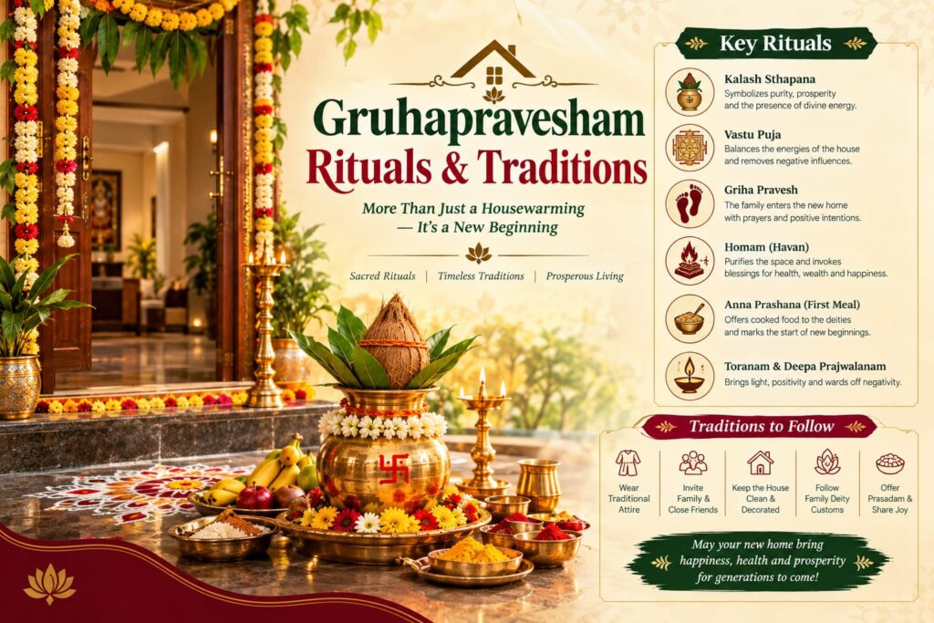 Traditional Gruhapravesham rituals and housewarming ceremony performed step by step