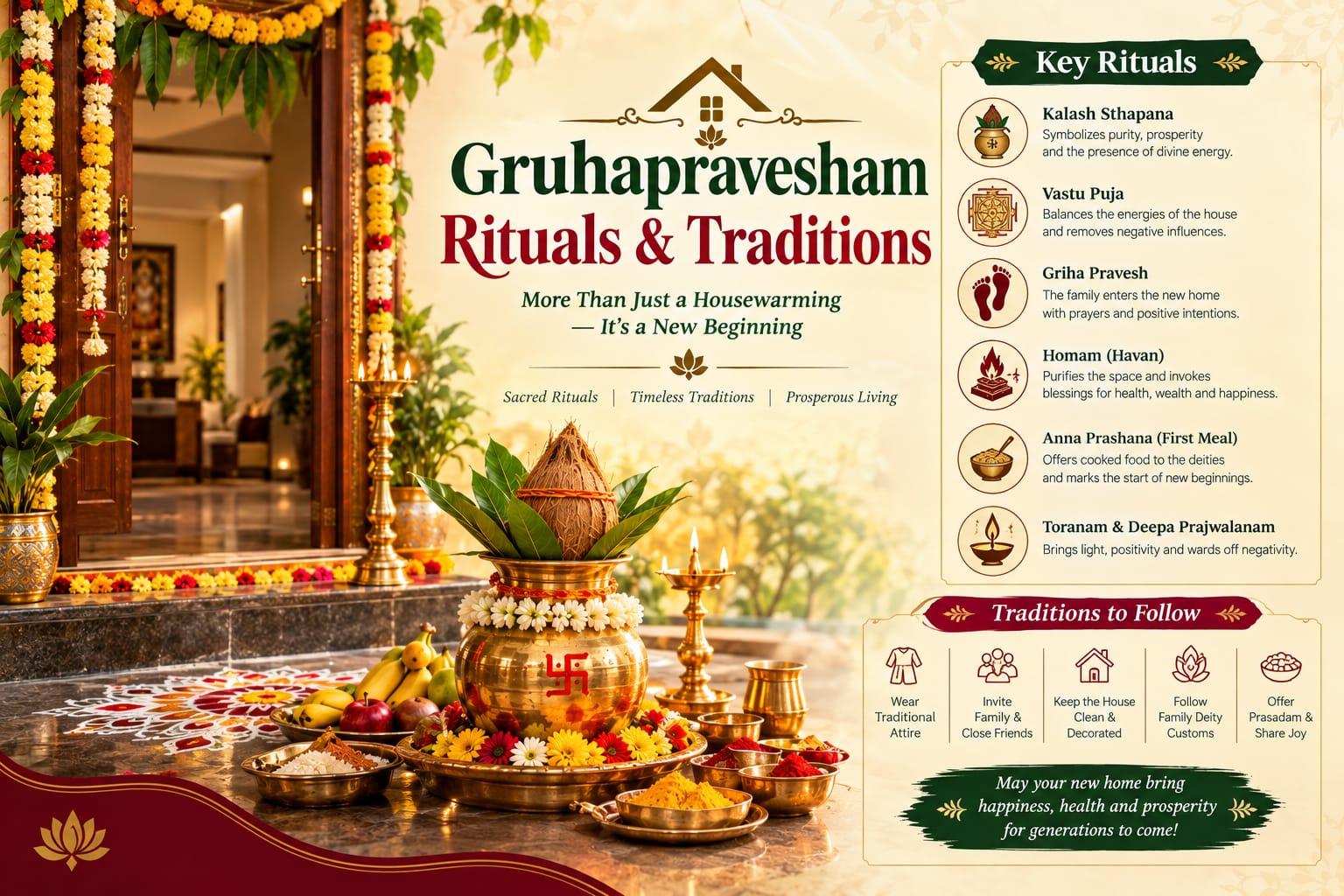 Traditional Gruhapravesham rituals and housewarming ceremony performed step by step
