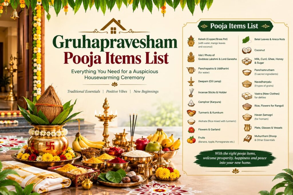 Gruhapravesham pooja items arranged for a traditional housewarming ceremony
