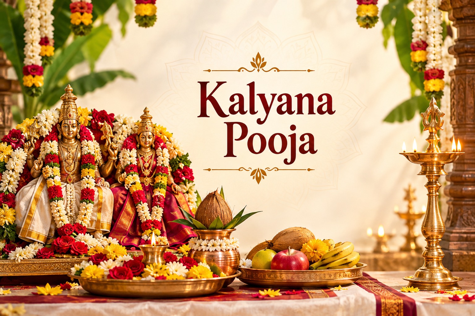 Traditional Kalyana Puja items including flowers, coconut, kalasham and kumkum