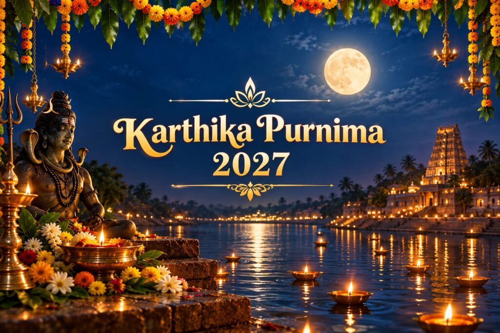Karthika Purnima 2027 celebration with diyas and Lord Shiva temple