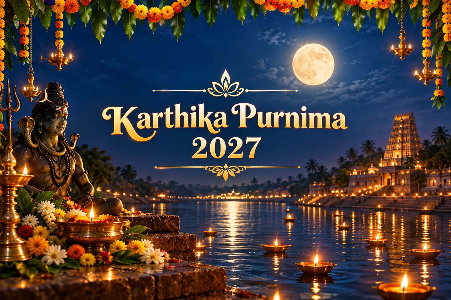 Karthika Purnima 2027 celebration with diyas and Lord Shiva temple