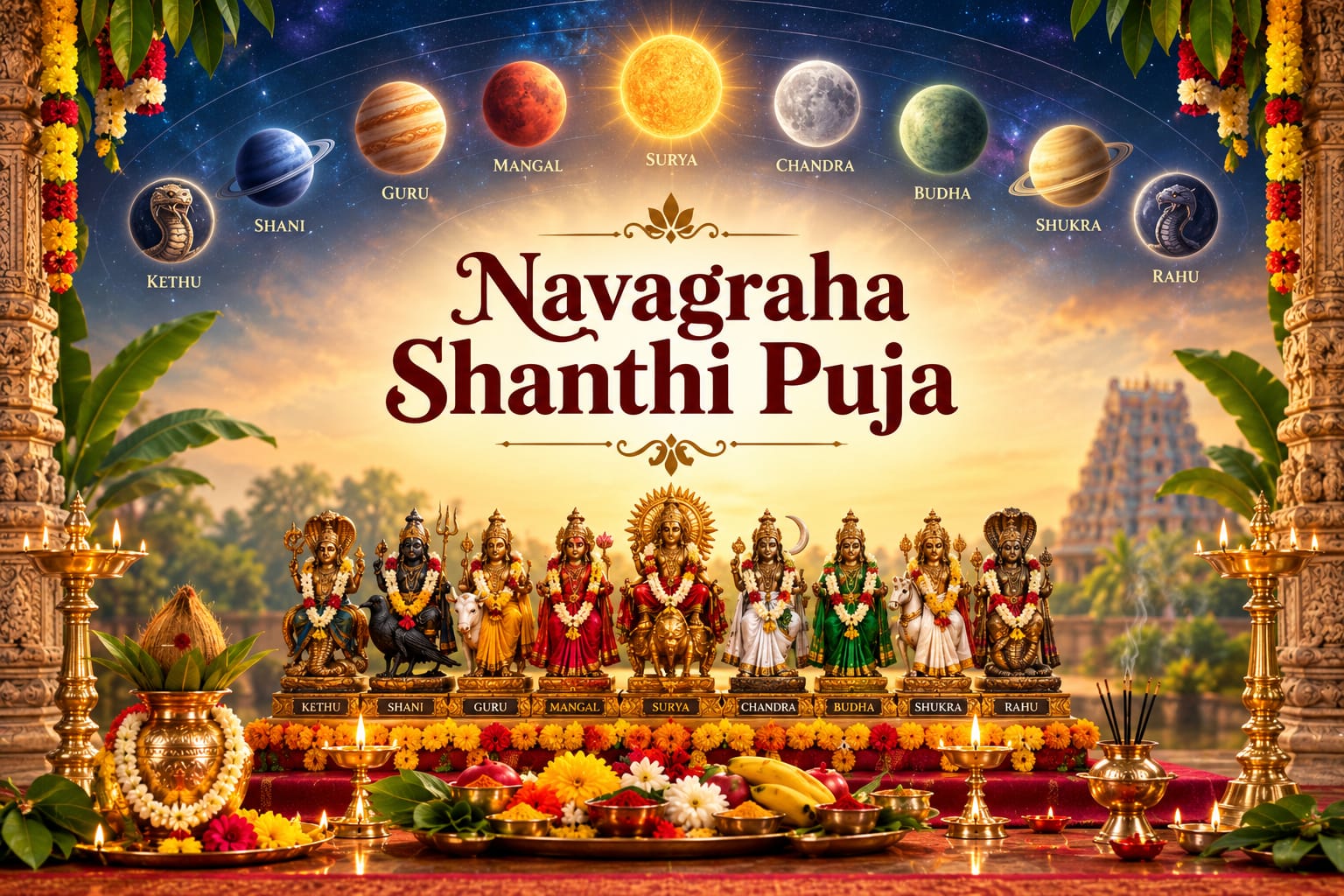 Navagraha Shanti Puja ceremony with traditional Hindu rituals.