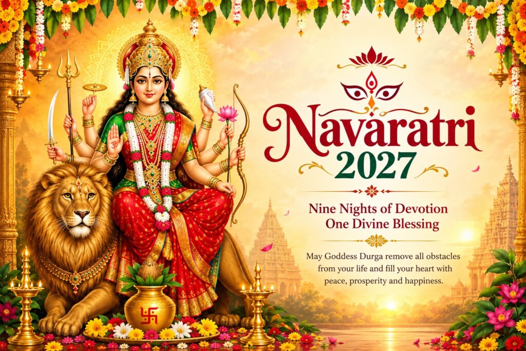 Navaratri 2027 Goddess Durga festival banner with traditional decorations