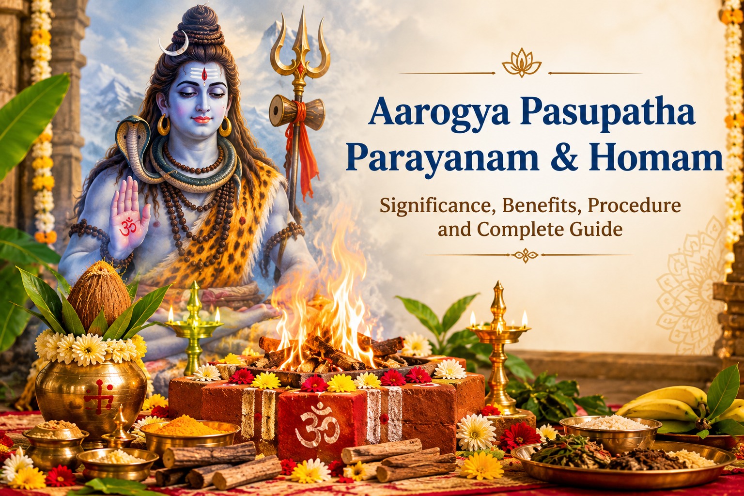 Aarogya Pasupatha Homam ritual with a sacred fire, traditional puja offerings, flowers, and Lord Shiva worship items.