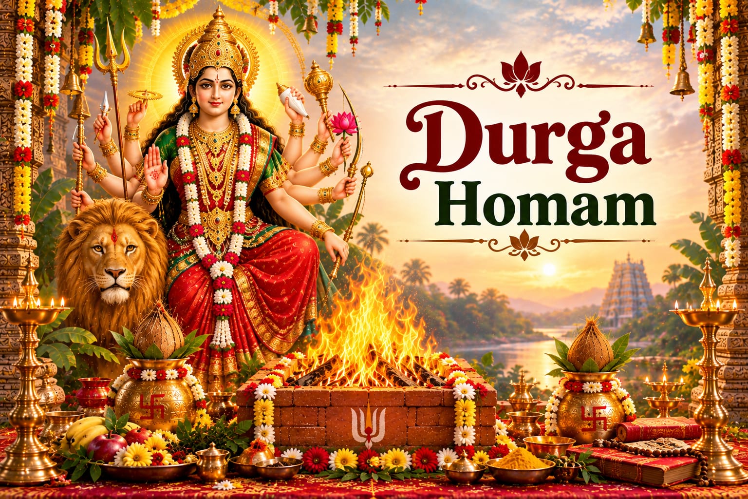 Durga Homam ritual performed with sacred fire to seek Goddess Durga’s blessings for protection, strength, and prosperity