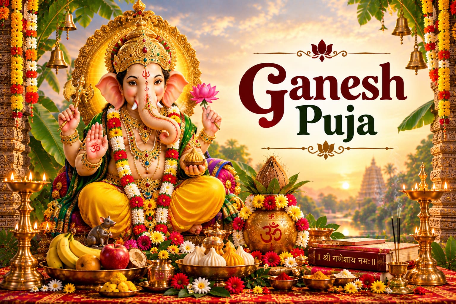 Lord Ganesha idol decorated with flowers, lit diyas, modaks, and traditional offerings during Ganesh Puja.