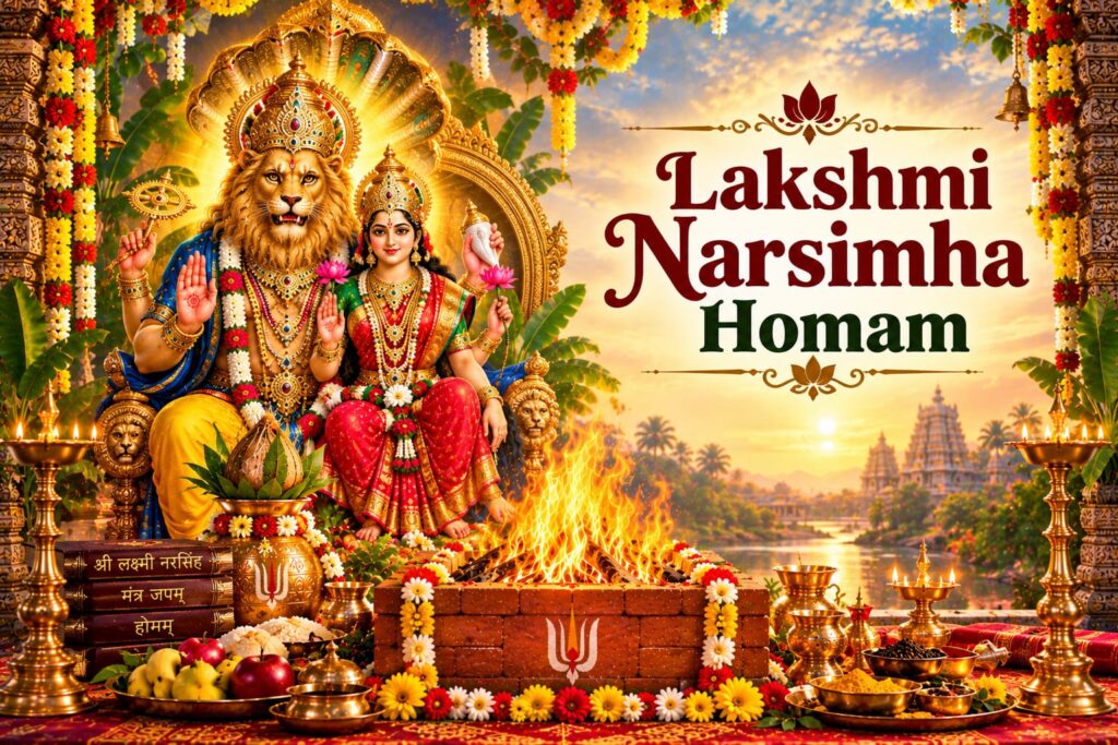 Lakshmi Narasimha Homam ritual performed with sacred fire to seek Lord Narasimha and Goddess Lakshmi’s blessings for protection, prosperity, and peace.
