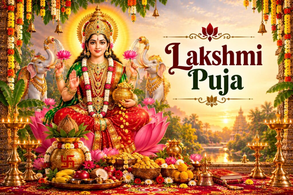 Lakshmi Puja rituals with Goddess Lakshmi idol, flowers, diyas, and offerings for prosperity and wealth.